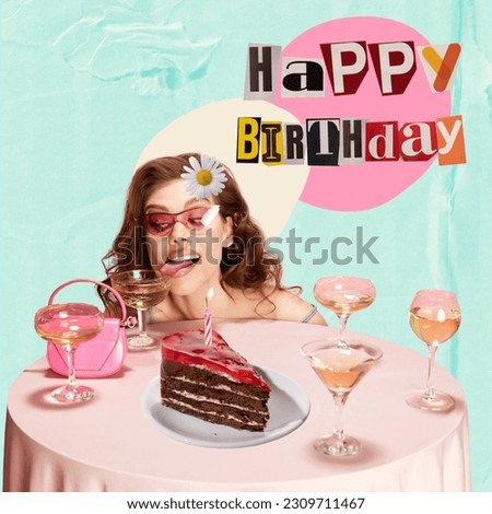 Beautiful young girl celebrating birthday, drinking cocktails, eating cakes and making wishes. Contemporary art collage. Celebration and party, happiness and joy concept. Creative design for postcard