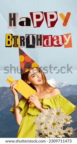 Happy, smiling, beautiful young girl celebrating birthday, receiving presents and greetings. Contemporary art collage. Concept of celebration and party, happiness and joy. Creative design for postcard