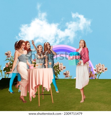 Beautiful young women at party, celebrating marriage, birthday, engagement. Presents and greetings. Contemporary art collage. Concept of celebration and party, happiness and joy. Design for postcard.