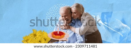Loving senior woman greeting her husband with birthday, giving cake hugging. Warm relationship. Contemporary art collage. Celebration and party, happiness, love concept. Creative design for postcard.