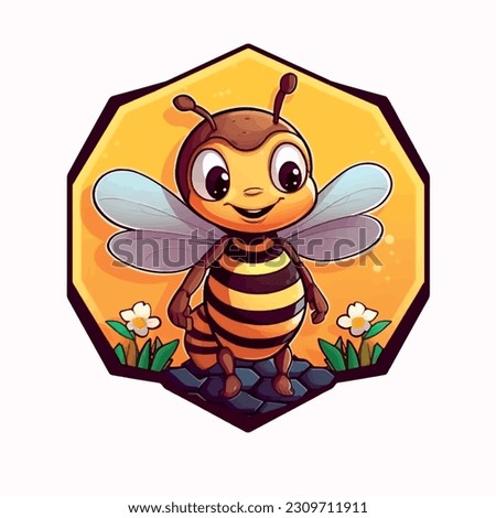 Vector drawing of cute bee on honeycomb, print, logo isolated on white background. Bee character logo isolated. Stylized drawing with a cheerful bee in a honeycomb.