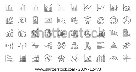 Chart line icons set. Graph, finance report, income growth, economy statistic, gantt diagram, infographic, mind map, data visualization vector illustration. Outline signs of analytic. Editable Stroke Royalty-Free Stock Photo #2309712493