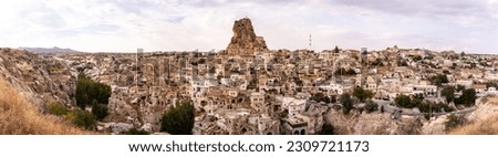 Panoramic picture of Ortahisar village and its castle in Cappadocia, Turkey