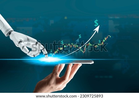 Robot trading concept. Robot hand represents use of artificial intelligence in trading stocks. wealth stock investing. Digital transformation technology. Ai(artificial intelligence)make decisions.