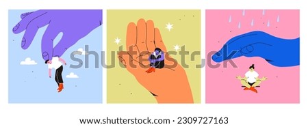 Set of big hands and small people. Giant hand holding and covering tiny persons. Psychological help, support, calmness, assistance concept. Hand drawn Vector isolated illustrations