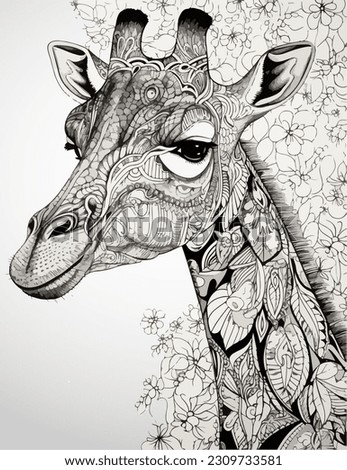 Giraffe illustration coloring book black and white for kids and adults isolated line art on white background.