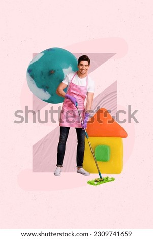 Picture banner advert poster creative 3d collage of responsible guy housekeeper use mop clean globe isolated on white color background