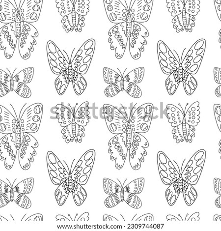 Vector butterflies seamess pattern. Hand drawn butterfly black and white pattern