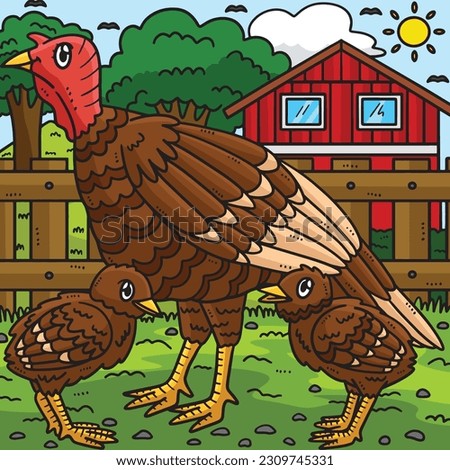 Mother Turkey and Baby Turkey Colored Cartoon 