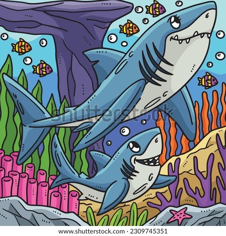 Mother and Baby Great White Shark Colored Cartoon