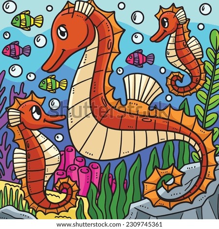 Mother Seahorse and Baby Seahorse Colored Cartoon