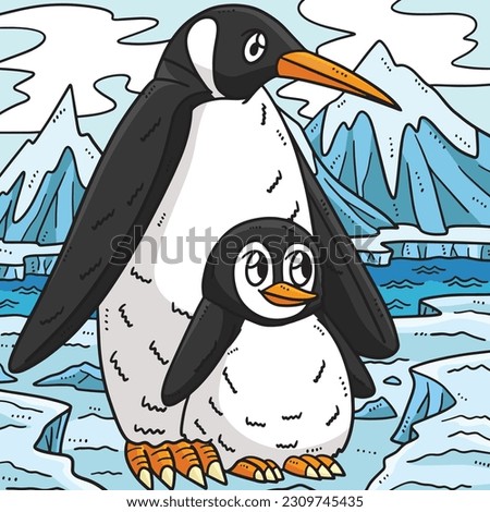 Mother Penguin and Baby Penguin Colored Cartoon 