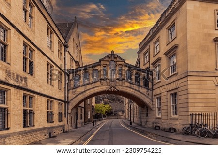 The Bridge of Sighs or Hertford Bridge at sunset, is between Hertford College university buildings in New College Lane street, in Oxford, Oxfordshire, England Royalty-Free Stock Photo #2309754225
