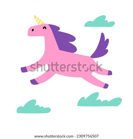 Postcard. Pink unicorn flying on cloud isolated on white background. Vector children's naive hand-drawn illustration