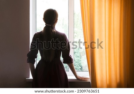 Young teen happy mood feel belief ask god faith stay dark black home room view even text space. adult religious lady suffer hand trust old love hope joy relax rest mental peace see day light white sky Royalty-Free Stock Photo #2309763651