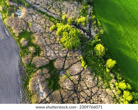 Aerial drone view of winding river in green field. Lush wetlands of bird's eye view Royalty-Free Stock Photo #2309766071