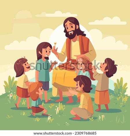Jesus teaching little kids cartoon flat vec vector illustration Royalty-Free Stock Photo #2309768685