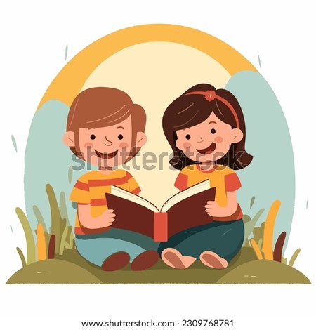 children reading bible happy smiling flat vector illustration