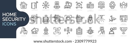 Set of line icons related to home security, house protection, smart house. Outline icon collection. Editable stroke. Vector illustration Royalty-Free Stock Photo #2309779923