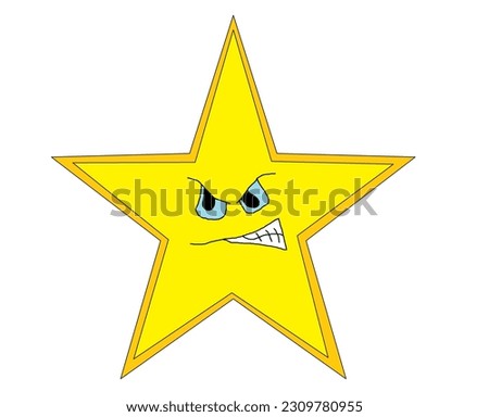 a large, bright yellow star that looks mischievous but passionate and has blue eyes
