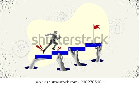 Motivated and ambitious employee running forward on stairs. Promotion, personal and professional growth. Assistance. Contemporary art collage. Concept of teamwork, business, office, occupation Royalty-Free Stock Photo #2309785201