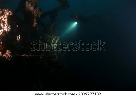 Ambon, Indonesia - January 25, 2023 : Silhouette photo of a diver on the ocean floor at night with little light, only using a flashlight to see the object