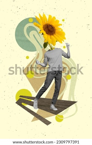 Collage vertical picture of headless human guy dancing sunflower dancing positive rhythm vibe summertime isolated on drawing background