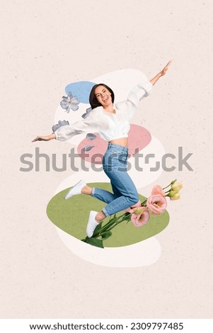 Image poster 3d collage artwork picture greeting card of overjoyed cheerful girl fly air hands wings have fun celebrate summer vacation