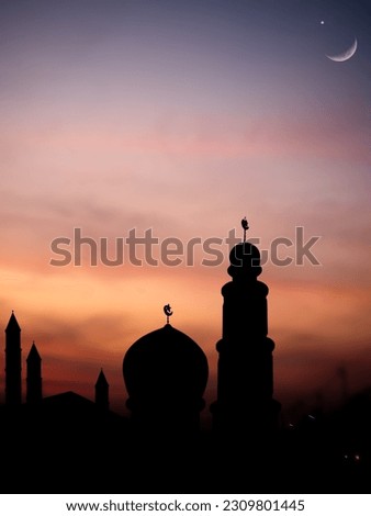 Ramadan Sky Night with Moon Eid Islam Kareem Ramazan Arabian Mubarak Mosque Dome Symbols,Holy Muslim Crescent Moon Cloud Blue Sunset,Adha Culture Muharram Mawlid Greeting Eid al fitr,Eid al adha.