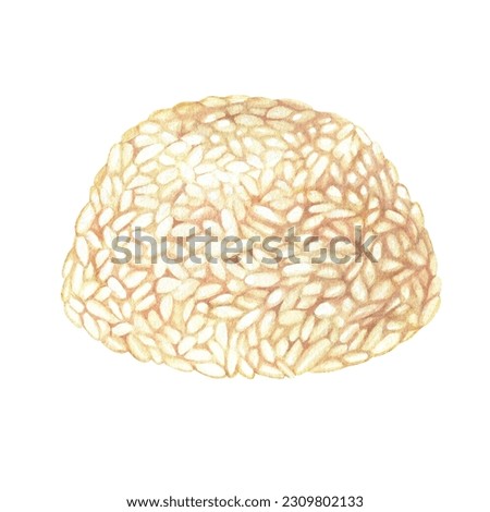 A pile of cooked rice. Watercolor illustration. The main dish of Asian - Japanese, Korean, Thai cuisine. Carbohydrate food.Clip art isolated on a white background. To restaurant menu designs, recipes