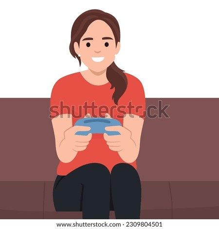 Woman playing video games. Game pad. Flat vector illustration isolated on white background
