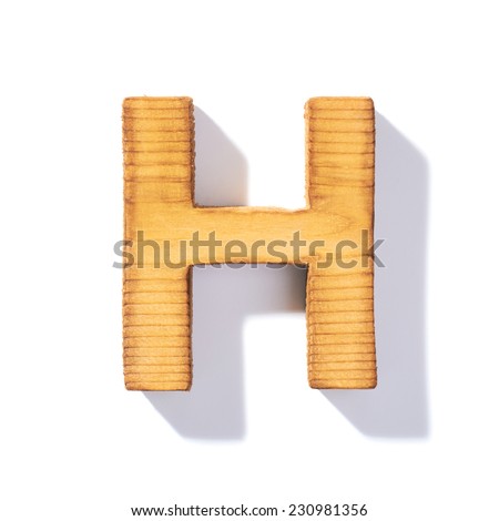 Single brown wooden H letter with 45 degree long shadow as a real life flat design font, isolated over the white background