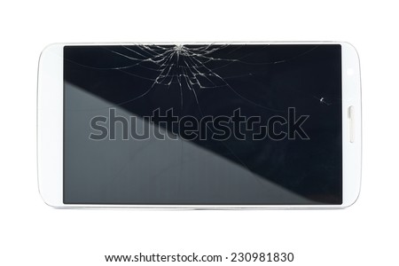 Smart phone with a crecked broken screen isolated over the white background