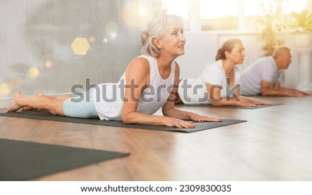 Group of elderly sports people perform pilates exercises on mat in fitness studio Royalty-Free Stock Photo #2309830035