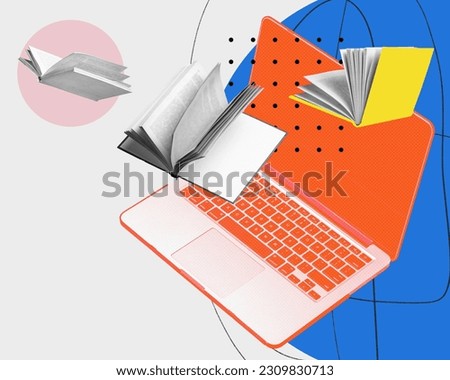 Laptop with many books inside symbolizing comfortable free access to worldwide library. Fast search of information. Contemporary art collage. Concept of online education, Internet, modern innovations
