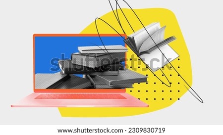 Laptop with many books inside symbolizing internet free access to worldwide library. Fast and comfortable search of information. Contemporary art collage. Online education, modern technologies concept