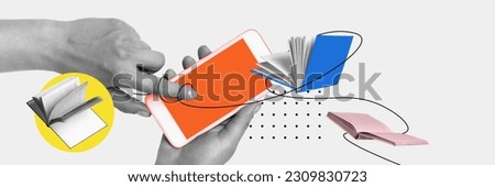 Female hand using mobile phone for studying. Replacement paper books with online apps for reading. Contemporary art collage. Concept of online education, Internet assistance, modern innovations