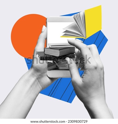 Online library. Woman using mobile phone with many books inside. Fast and easy way to get all books and information. Contemporary art collage. Concept of online education, Internet, modern technology