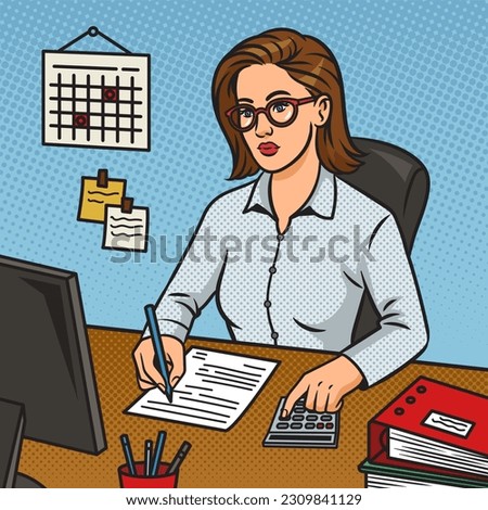 girl accountant at desk pinup pop art retro raster illustration. Comic book style imitation.