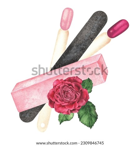 Manicure accessories and a pink rose.Watercolor illustration.A nail file, swatches of nail polish and a flower.Hand drawn isolated clip art on white background.For prints, business cards beauty salon