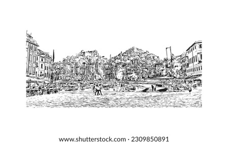 Building view with landmark of   Portofino is a fishing village in Italy. Hand drawn sketch illustration in vector.