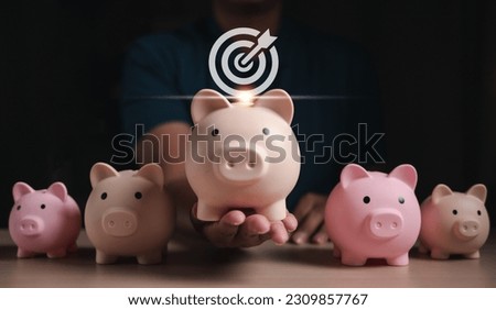 financial, banking, finance, investment, profit, money, wealth, invest, growth, piggy bank. hold a piggy bank and send it. financial investment profit. target hud is showing. piggy as sorting group.