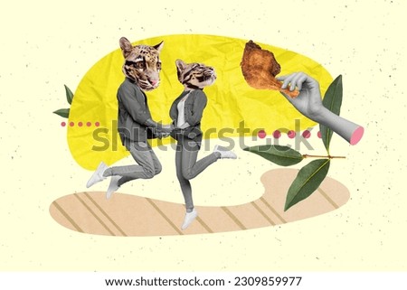 Creative collage picture of black white gamma arm hold fried chicken two people lynx head jumping isolated on painted background