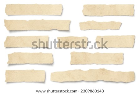 set or collection of ripped textured paper strips or scraps or tape isolated over a white background, ideal for text and messages, cut-out vintage collage design elements, highly detailed Royalty-Free Stock Photo #2309860143