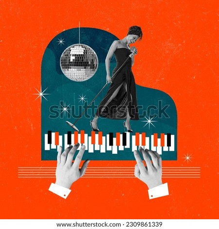 Artistic, young, talented african woman singing in microphone, piano melody spreading. Contemporary art collage. Concept of music, lifestyle, art of sound, performance. Creative bright design