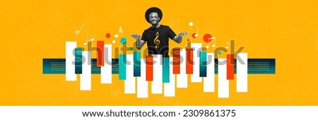 Talented african man singing in microphone, playing piano against vivid yellow background. Contemporary art collage. Concept of music, lifestyle, art of sound, performance. Creative bright design Royalty-Free Stock Photo #2309861375