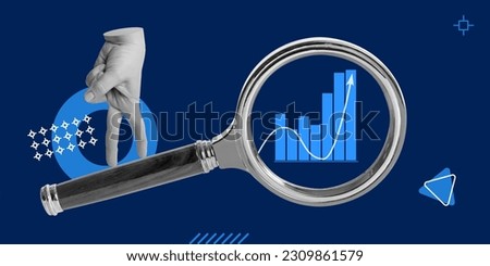 Business analytics, analysis, data search, strategy. The charts behind the magnifying glass with your hand pacing. Minimalist art collage