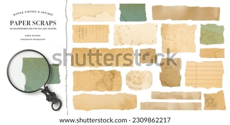 set orcollection of vintage and antique stained torn ripped paper scraps or pieces isolated against a white  background, ideal for digital collage designs or base for text, grungy design elements Royalty-Free Stock Photo #2309862217