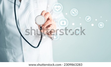 Doctor showing listening stethoscope with digital tele health icon consulting and cure disabled people patient at home. Medical personnel lifestyles heal and healthcare concept. Occupation and science