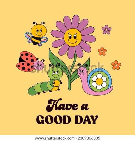 funny poster with flower, ladybug, snail, bee, caterpillar